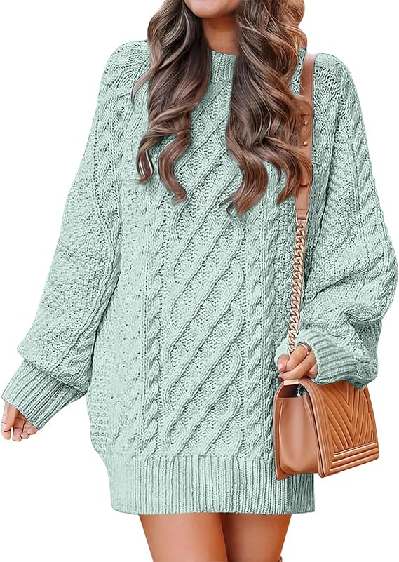 Women’s Oversized Sweater Dress — Light Green Cable Knit Long Sleeve Pullover, Thick Knit Casual Winter Dress, Cozy Loose Fit Mid-Length Jumper