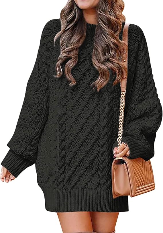 Women’s Black Knitted Sweater Dress | Oversized Cable Knit Long Sleeve Pullover | Autumn Winter Casual Warm Mini Dress