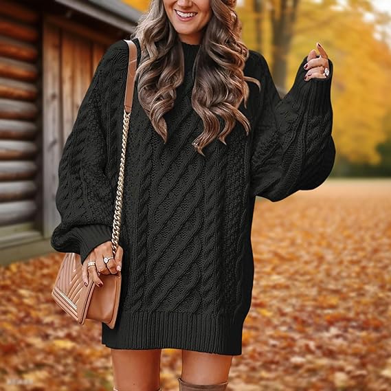 Women’s Black Knitted Sweater Dress | Oversized Cable Knit Long Sleeve Pullover | Autumn Winter Casual Warm Mini Dress