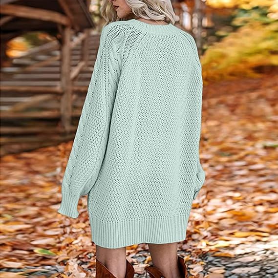 Women’s Oversized Sweater Dress — Light Green Cable Knit Long Sleeve Pullover, Thick Knit Casual Winter Dress, Cozy Loose Fit Mid-Length Jumper
