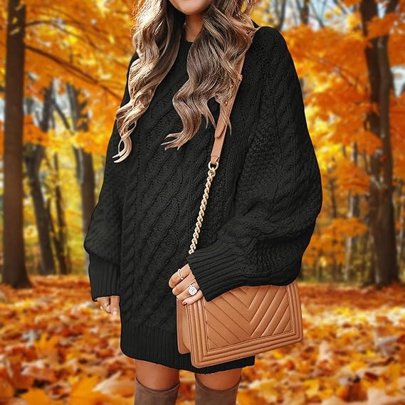 Women’s Black Knitted Sweater Dress | Oversized Cable Knit Long Sleeve Pullover | Autumn Winter Casual Warm Mini Dress