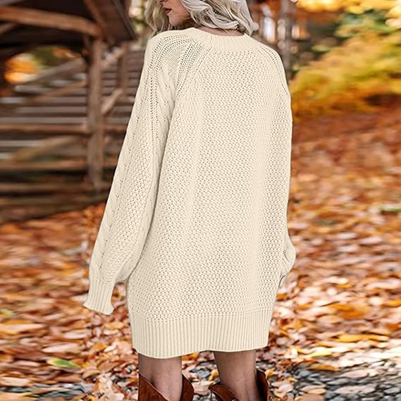 Women’s Beige Knit Sweater Dress | Oversized Cable Knit Pullover | Long Sleeve Casual Warm Sweater for Autumn & Winter