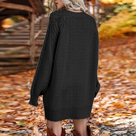 Women’s Black Knitted Sweater Dress | Oversized Cable Knit Long Sleeve Pullover | Autumn Winter Casual Warm Mini Dress