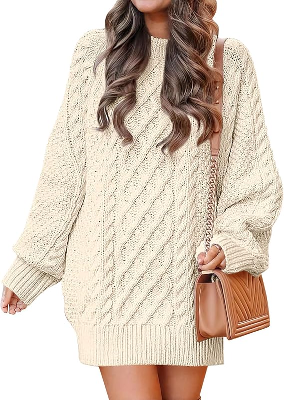 Women’s Beige Knit Sweater Dress | Oversized Cable Knit Pullover | Long Sleeve Casual Warm Sweater for Autumn & Winter