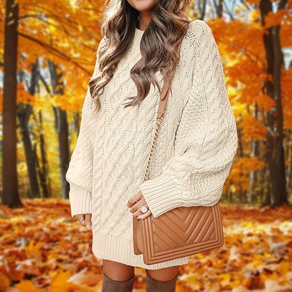 Women’s Beige Knit Sweater Dress | Oversized Cable Knit Pullover | Long Sleeve Casual Warm Sweater for Autumn & Winter