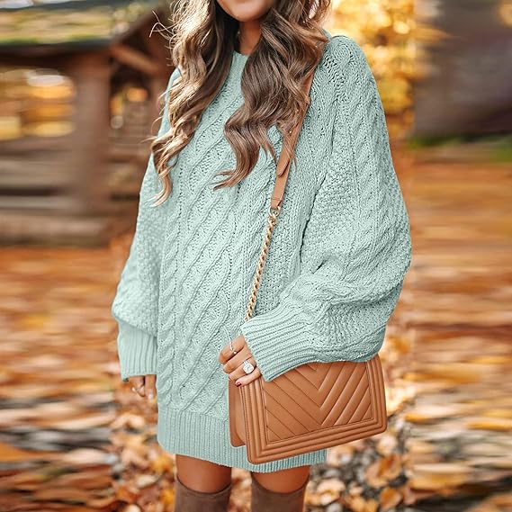 Women’s Oversized Sweater Dress — Light Green Cable Knit Long Sleeve Pullover, Thick Knit Casual Winter Dress, Cozy Loose Fit Mid-Length Jumper